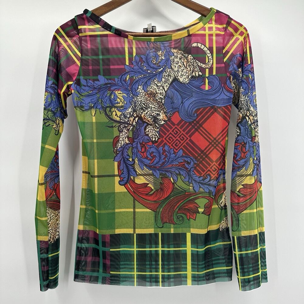 Gil Santucci Top Blouse Shirt‎ Womens 8 Multicolor 44 Mesh Art Vintage y2k Tiger